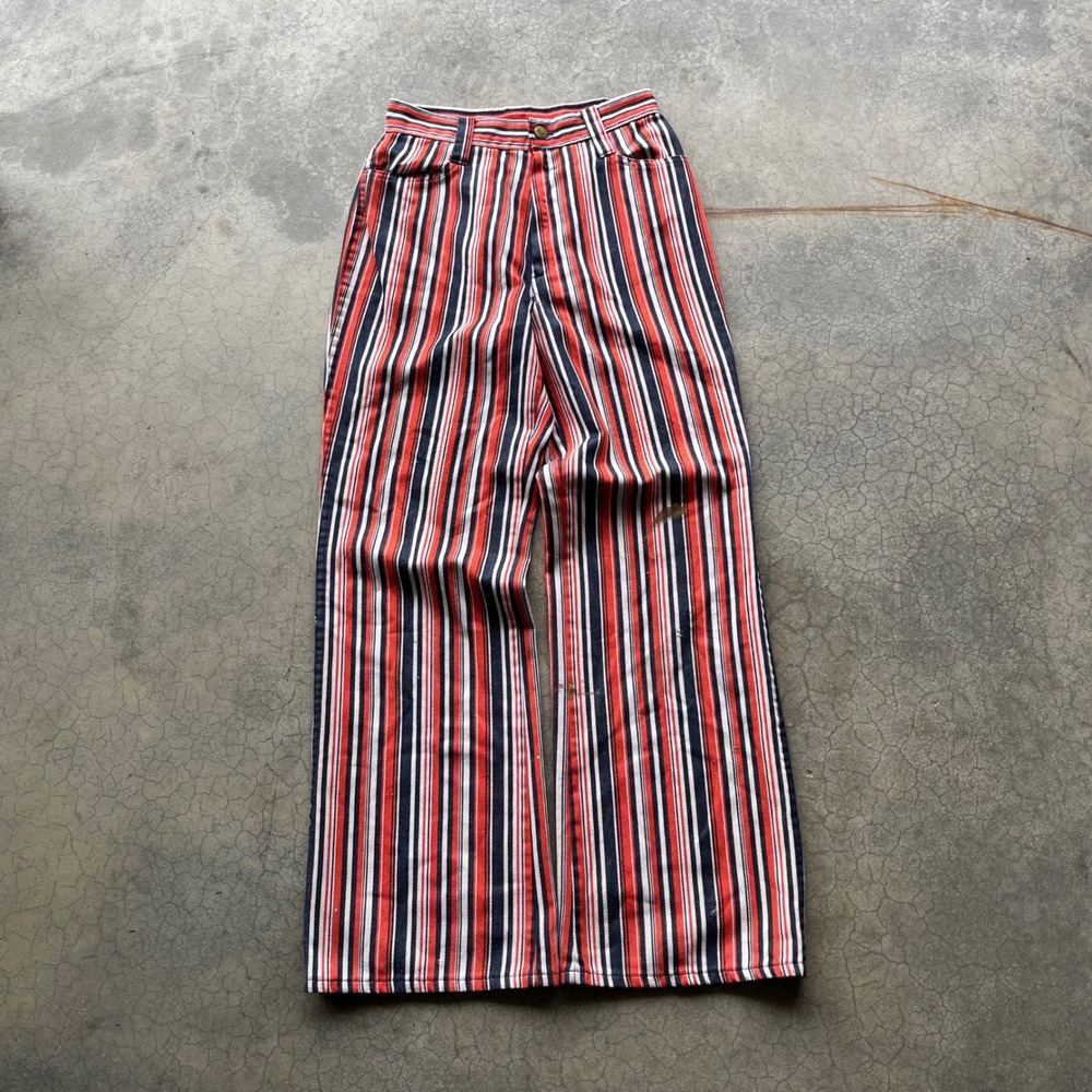Vintage 70s TRD High Waisted Flare Pants Red White Blue Striped Wide Leg 25